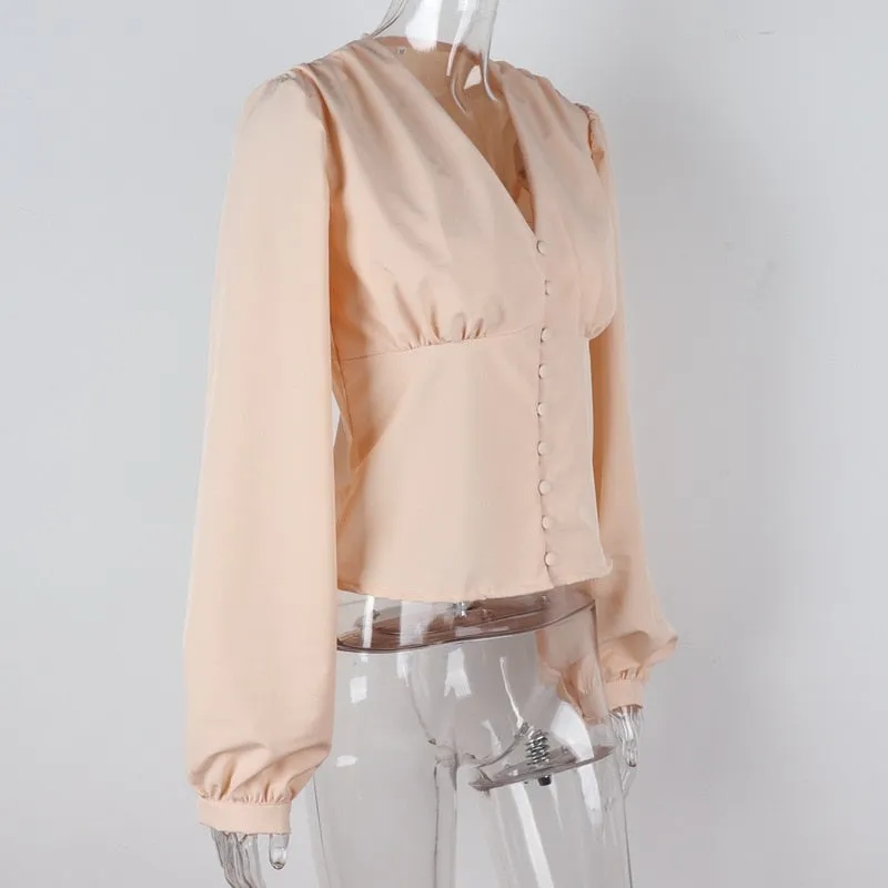 Streetwear Soild Button V-Neck Latern Sleeve Women Blouses