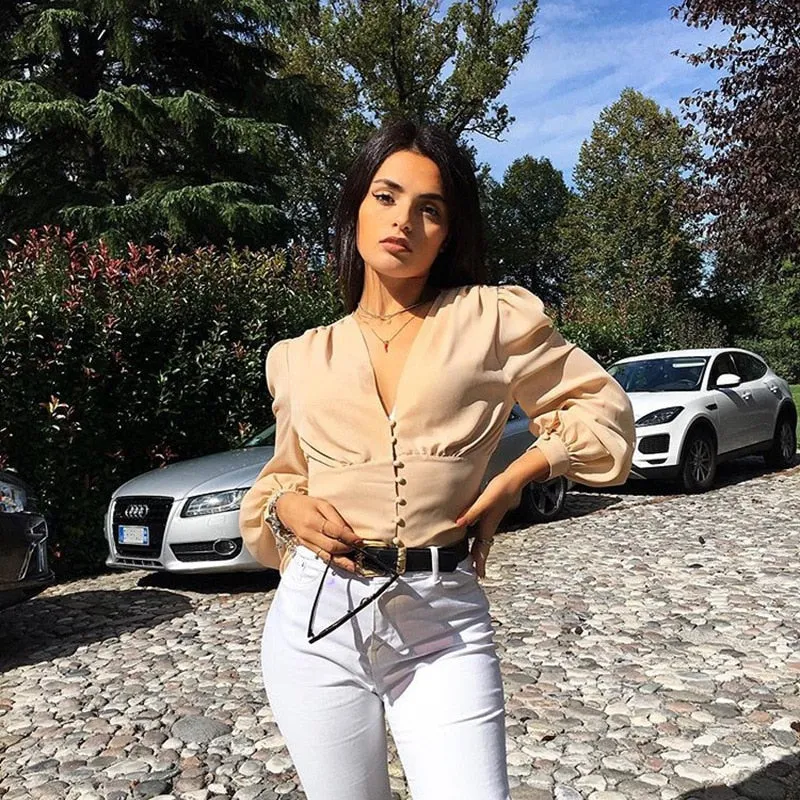Streetwear Soild Button V-Neck Latern Sleeve Women Blouses