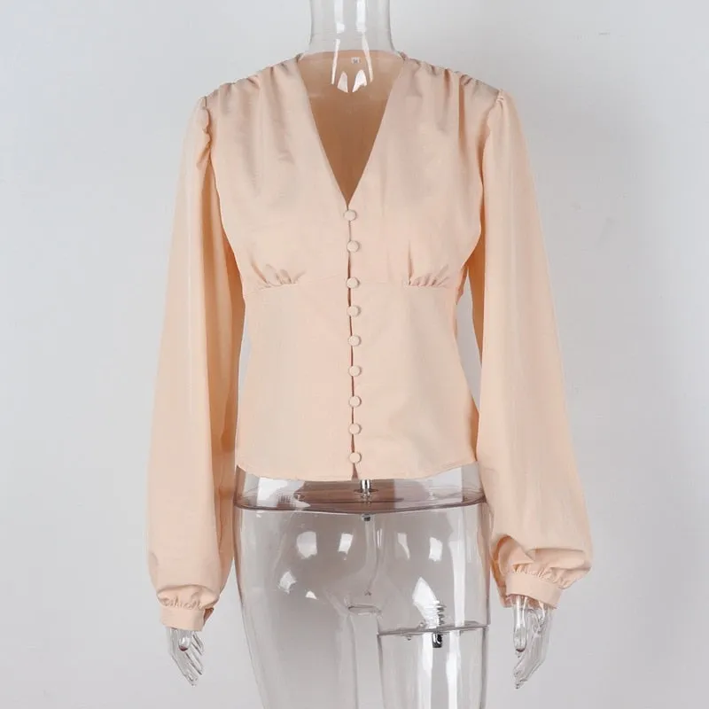 Streetwear Soild Button V-Neck Latern Sleeve Women Blouses