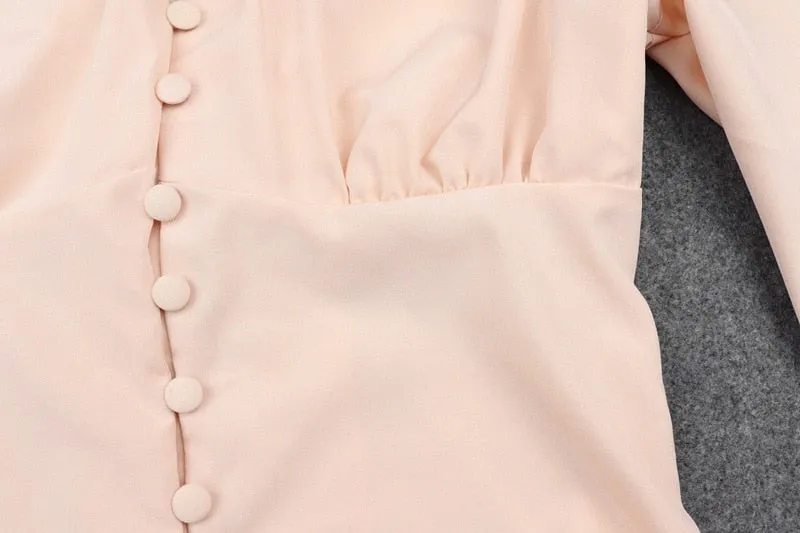 Streetwear Soild Button V-Neck Latern Sleeve Women Blouses