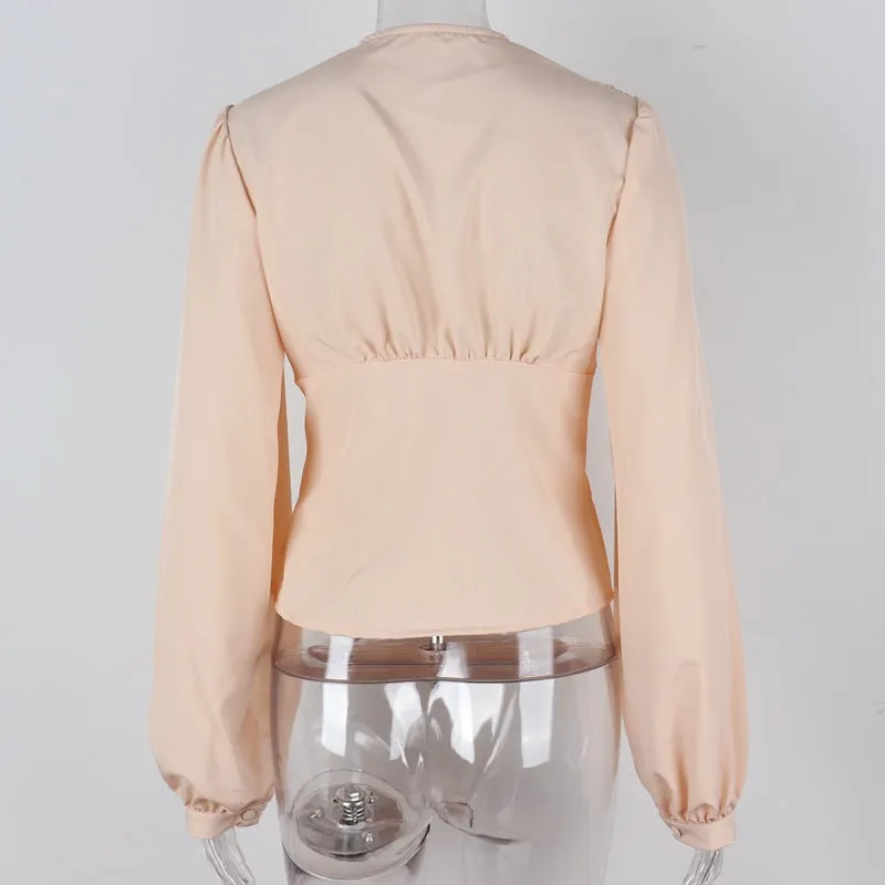 Streetwear Soild Button V-Neck Latern Sleeve Women Blouses