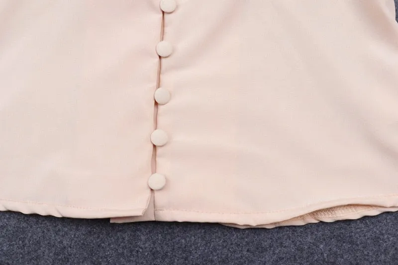 Streetwear Soild Button V-Neck Latern Sleeve Women Blouses