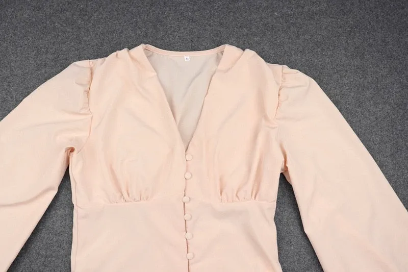 Streetwear Soild Button V-Neck Latern Sleeve Women Blouses