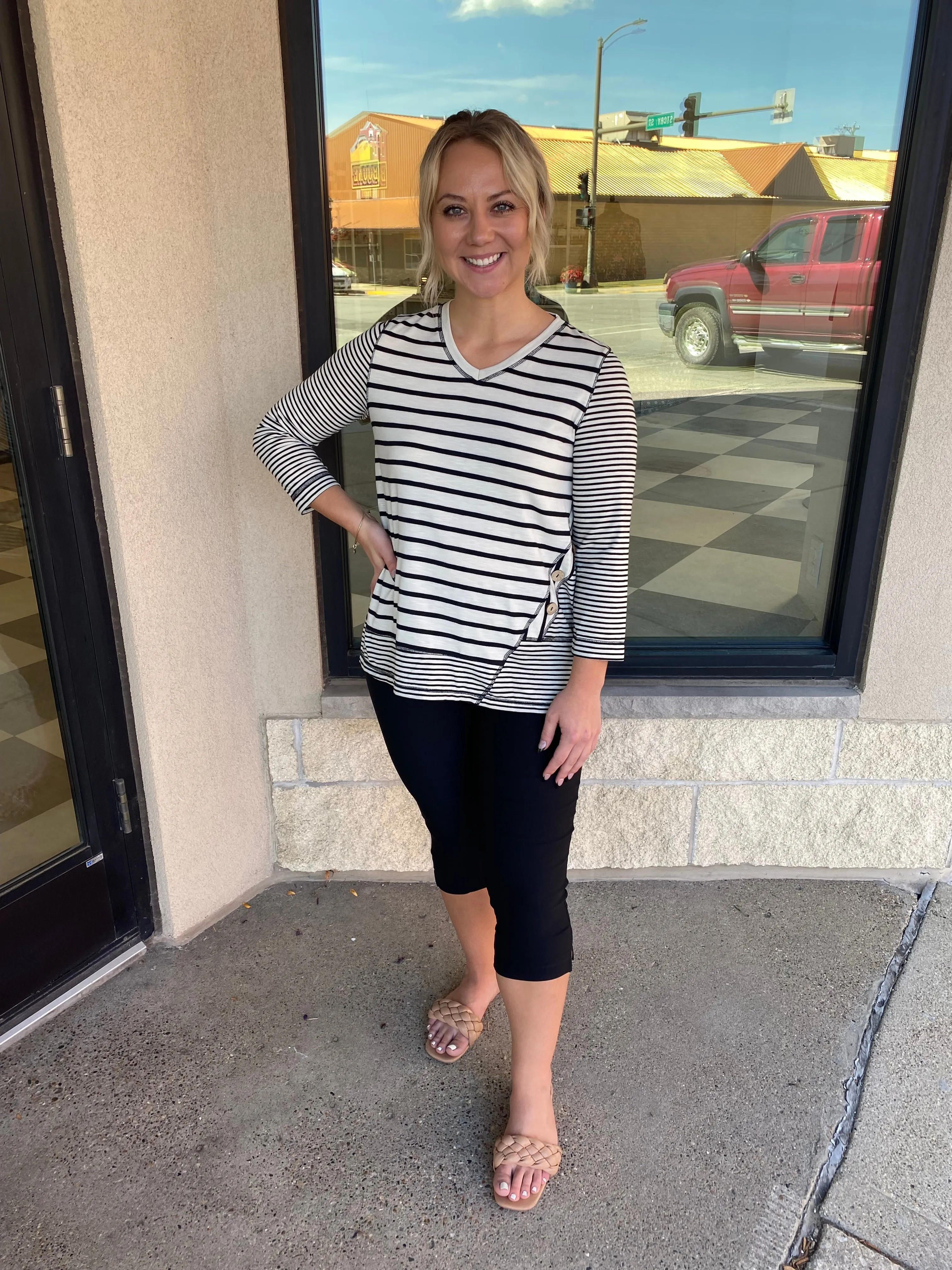 Striped Button Slub Knit Top Black