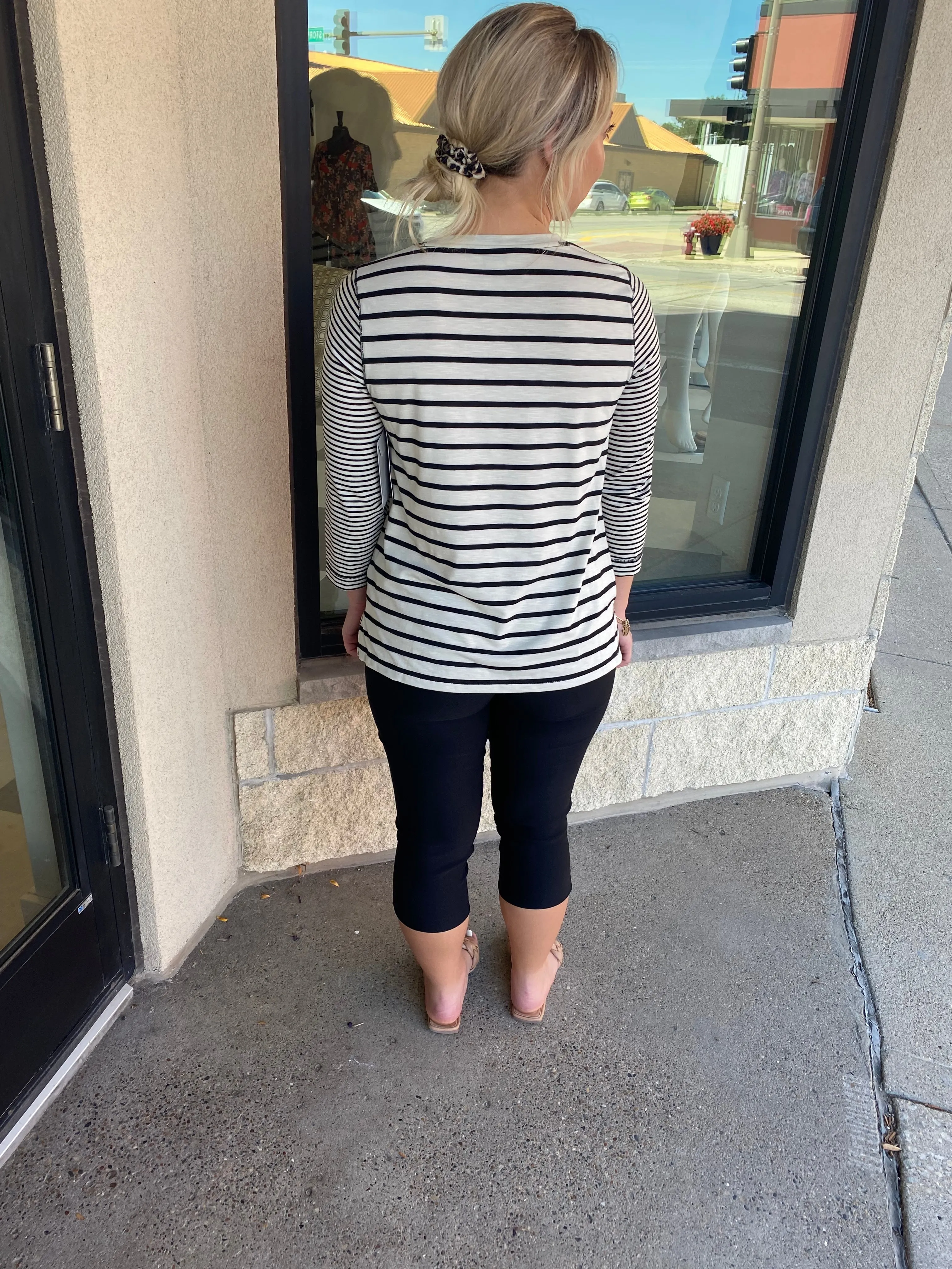 Striped Button Slub Knit Top Black