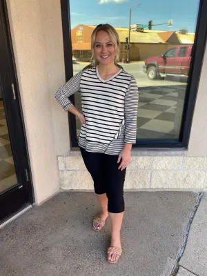 Striped Button Slub Knit Top Black