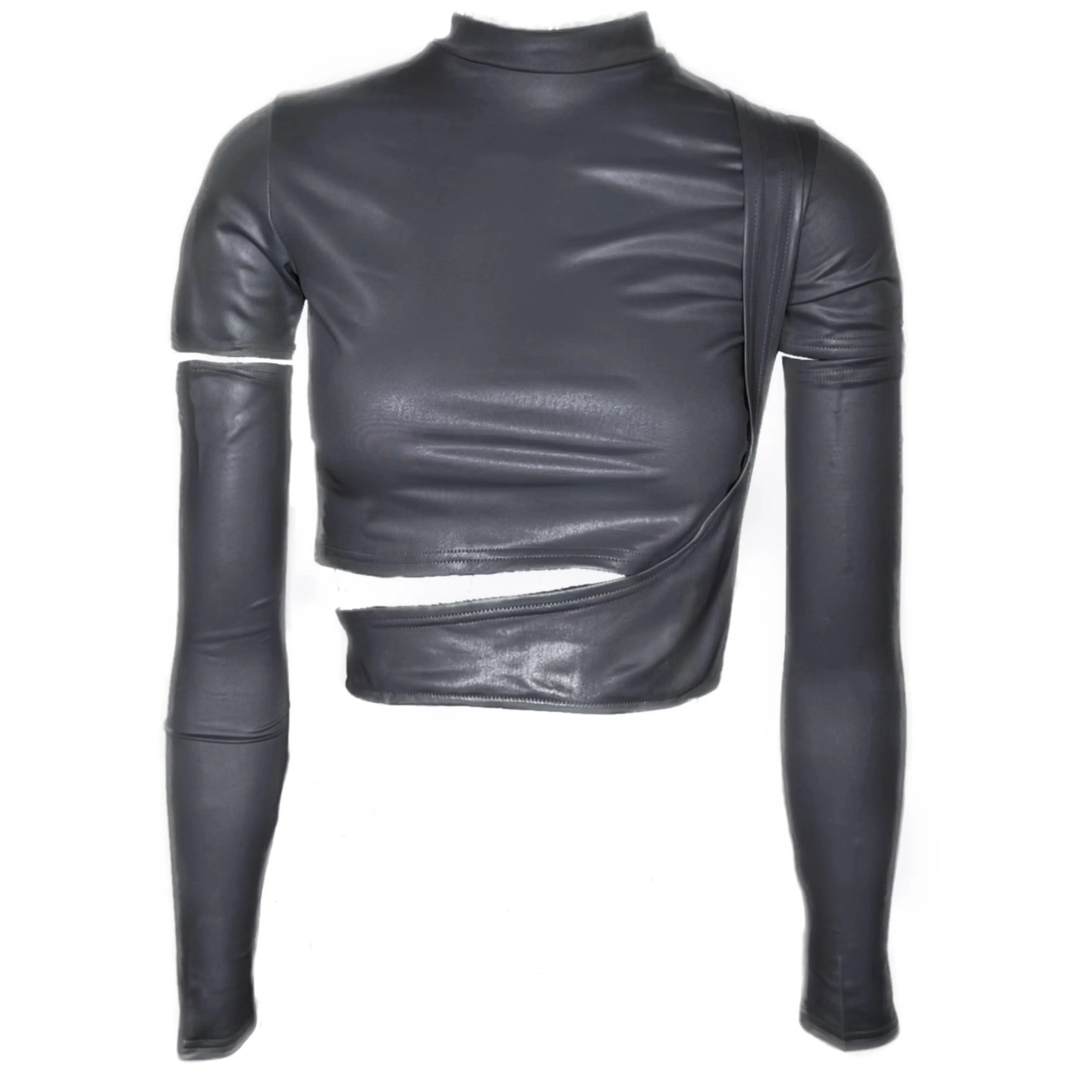 SYNEZ Solid Color Metallic Gloved Cut Out Slim Cropped Top