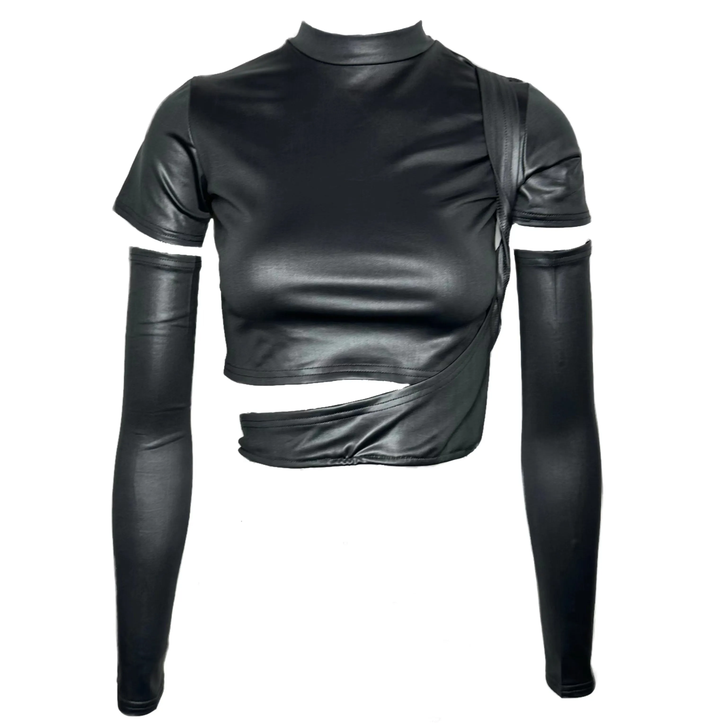 SYNEZ Solid Color Metallic Gloved Cut Out Slim Cropped Top