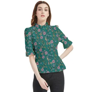 Teal Blouse Women, Victorian Top, Retro Top Women, Teal Shirt Women, Floral Victorian Blouse, Victorian Shirt, Bird Print Blouse, Ruffle Top
