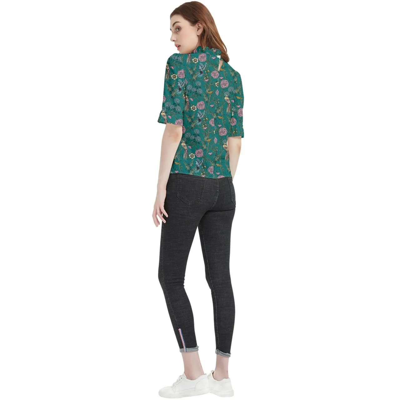 Teal Blouse Women, Victorian Top, Retro Top Women, Teal Shirt Women, Floral Victorian Blouse, Victorian Shirt, Bird Print Blouse, Ruffle Top