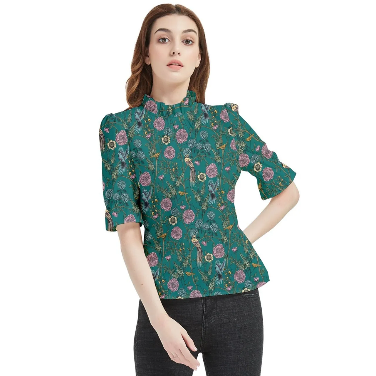 Teal Blouse Women, Victorian Top, Retro Top Women, Teal Shirt Women, Floral Victorian Blouse, Victorian Shirt, Bird Print Blouse, Ruffle Top