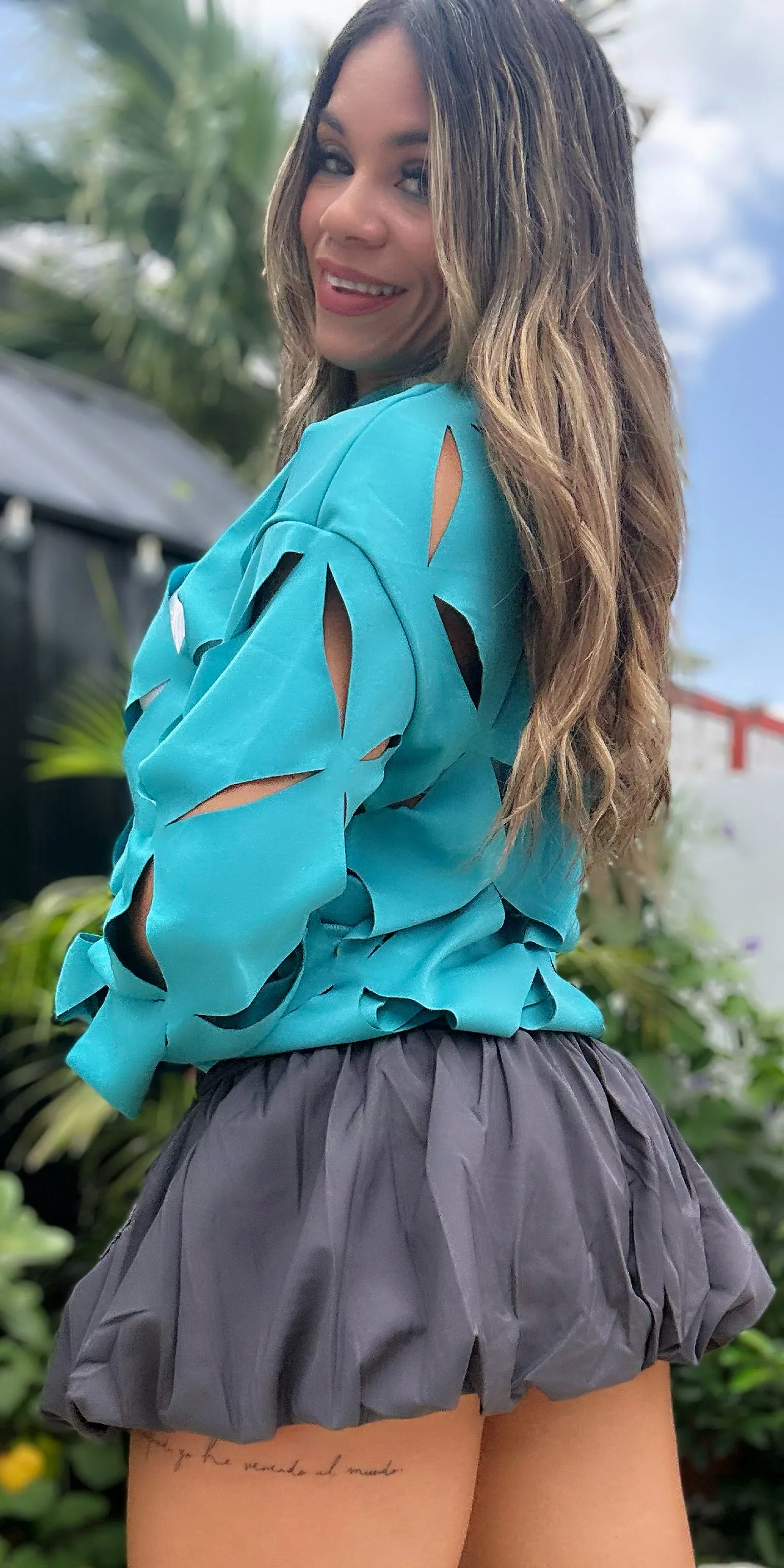 Teal Diamonds Cutout Top
