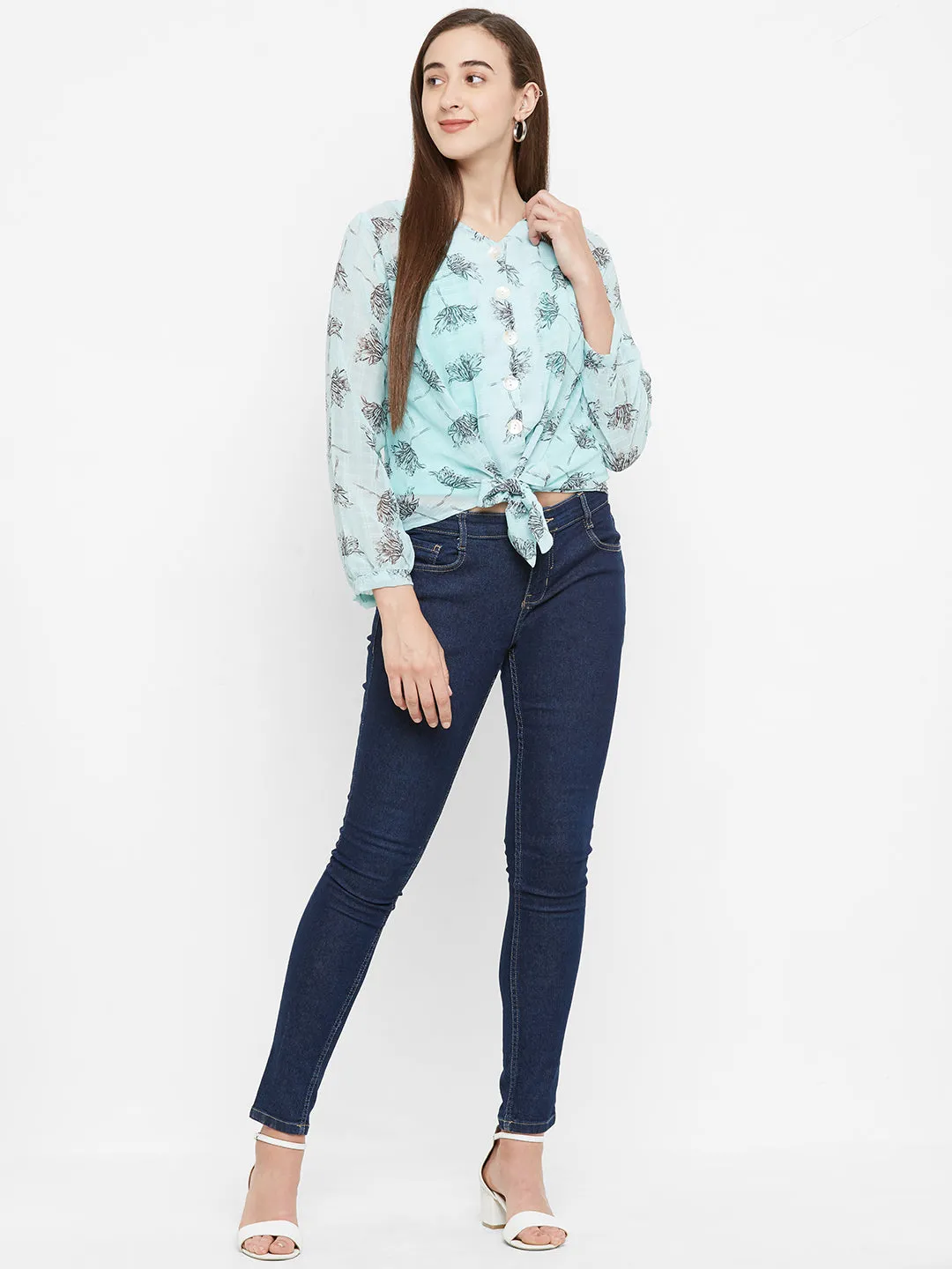 Teal  Printed Top With Front Knot