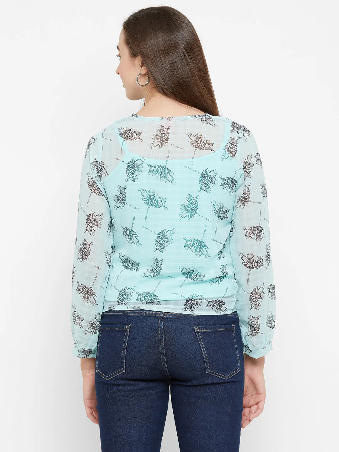 Teal  Printed Top With Front Knot