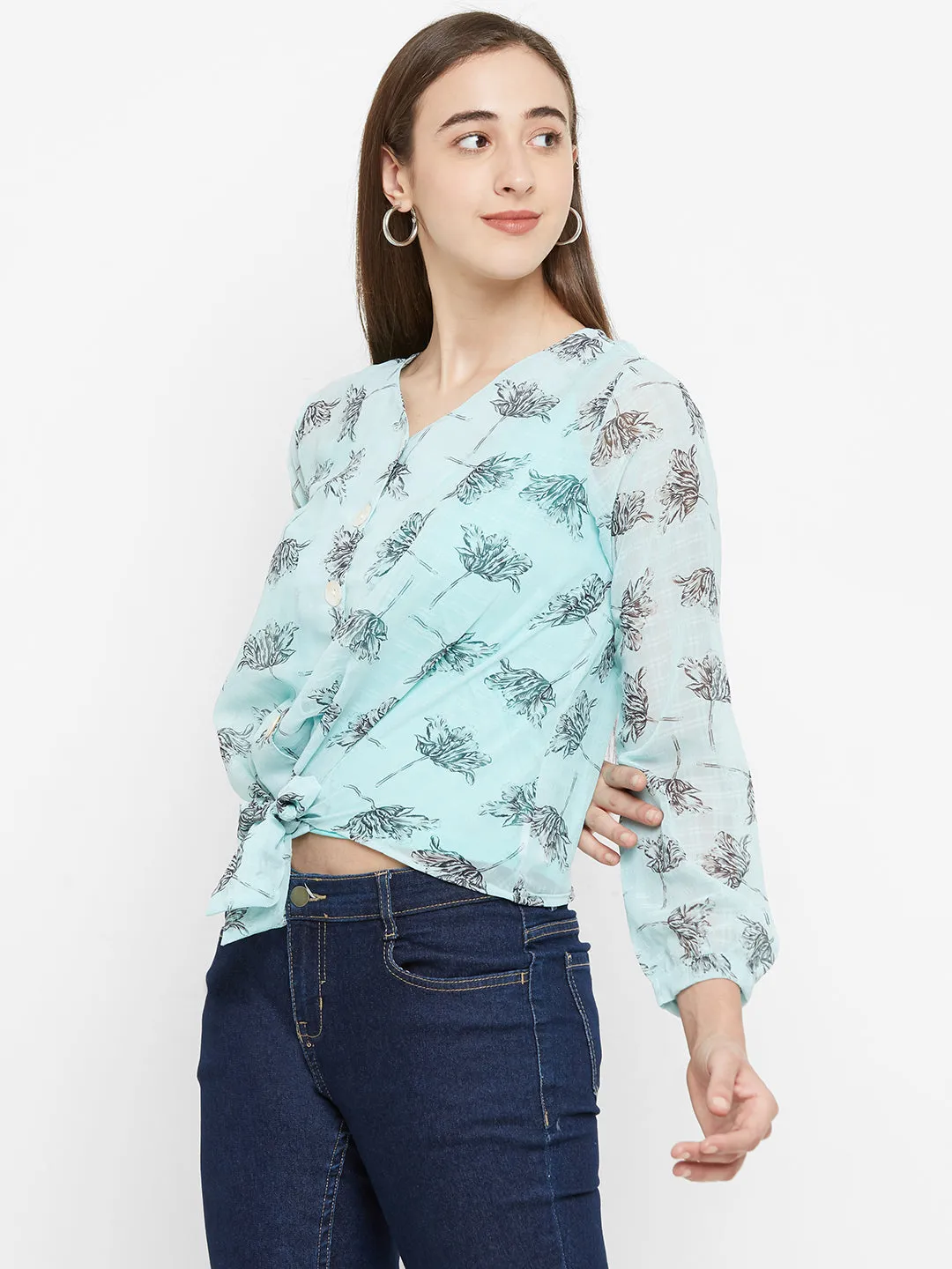 Teal  Printed Top With Front Knot