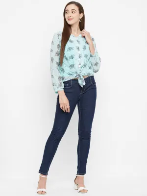 Teal  Printed Top With Front Knot