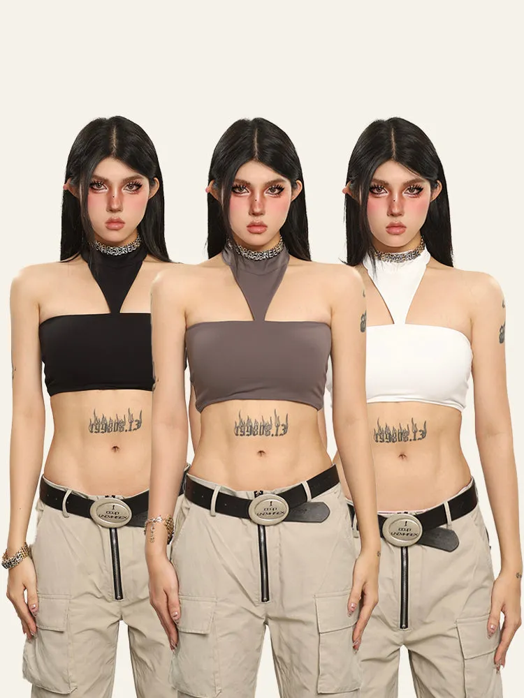 Tiara Solid Color Chest Pads Double Vest Halter Suspender Sleeveless Tube Slim Cropped Top