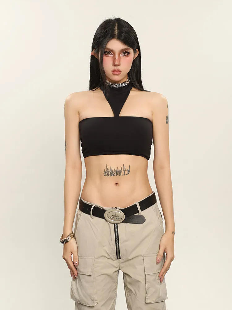 Tiara Solid Color Chest Pads Double Vest Halter Suspender Sleeveless Tube Slim Cropped Top