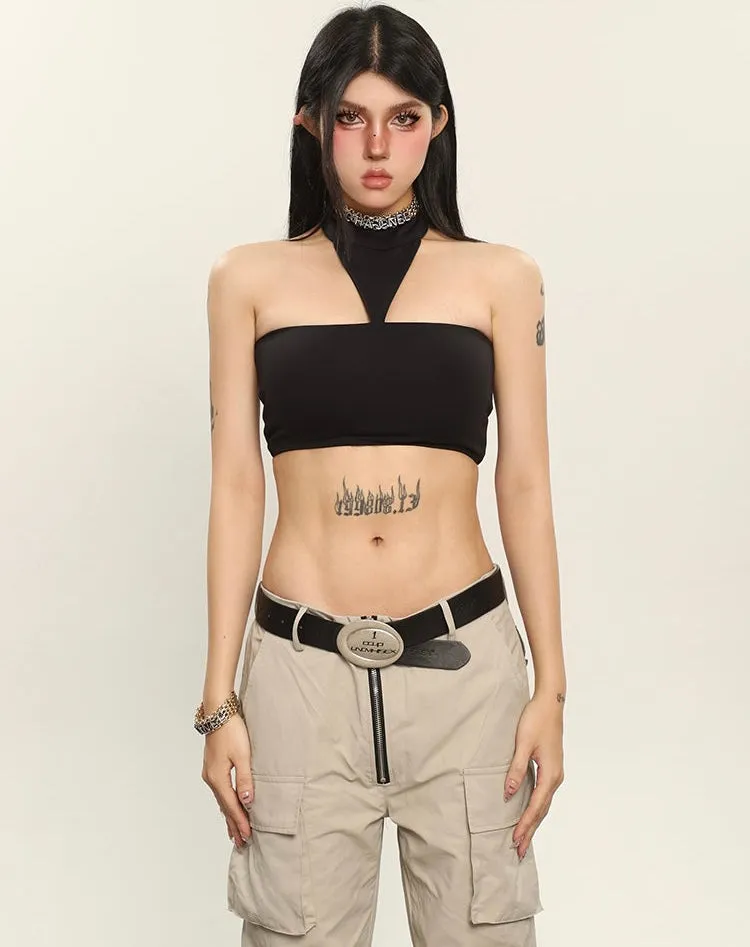 Tiara Solid Color Chest Pads Double Vest Halter Suspender Sleeveless Tube Slim Cropped Top