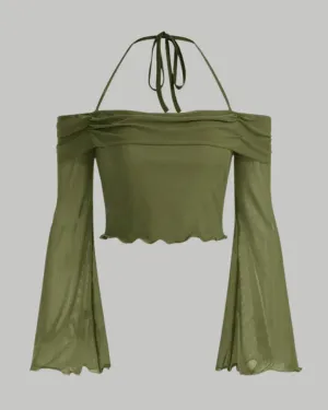 Tie Around Off Shoulder Lantern Sleeve Green Crop Top