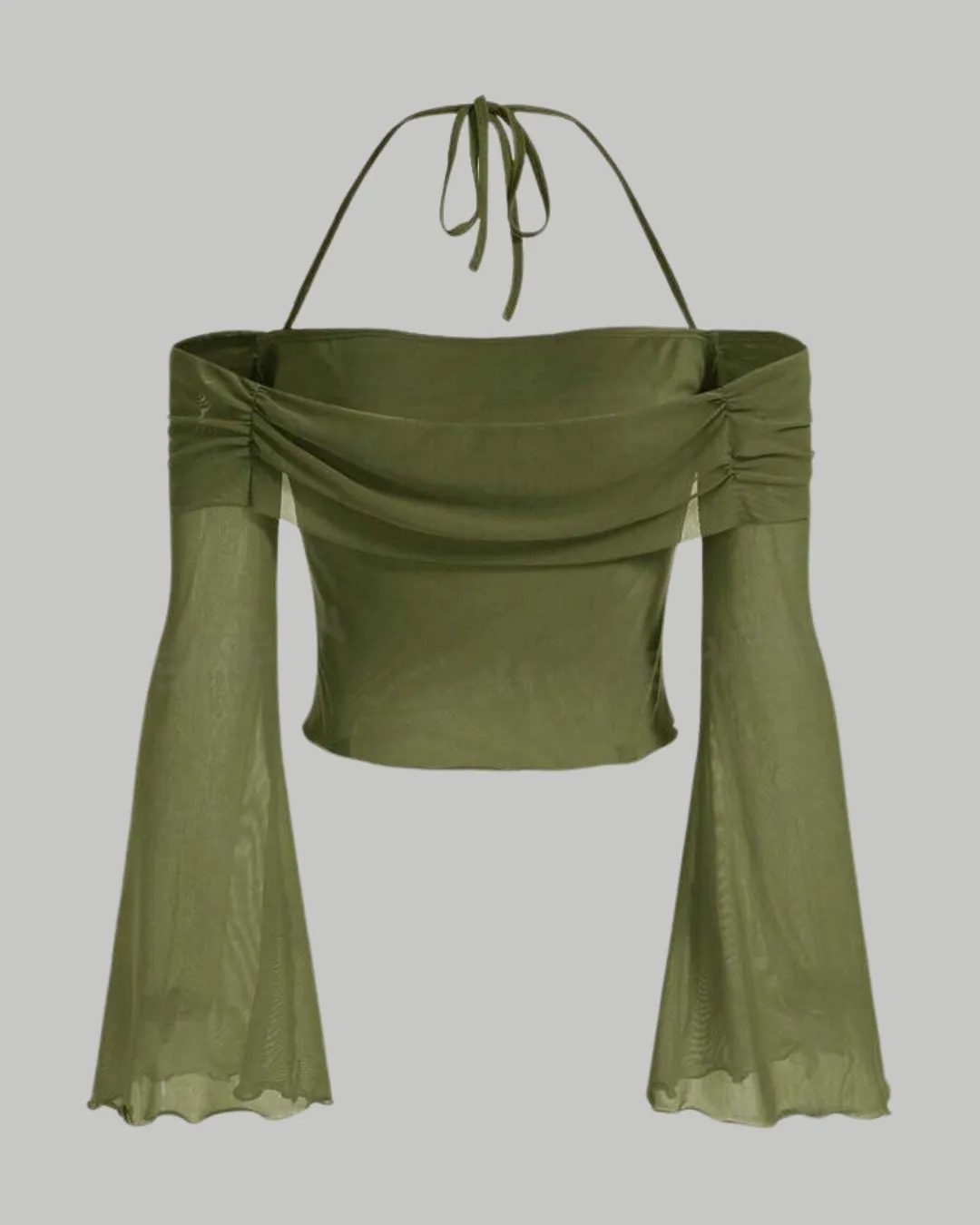 Tie Around Off Shoulder Lantern Sleeve Green Crop Top