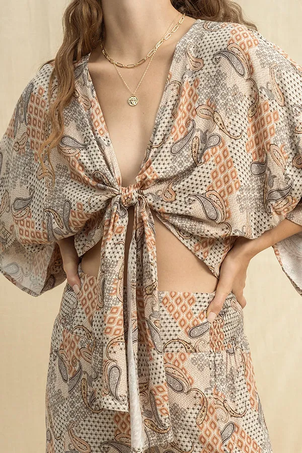 *TIE FRONT PAISLEY PRINT TOP NEUTRAL COMBO