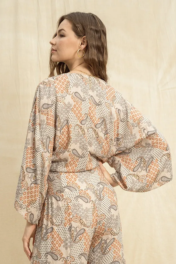 *TIE FRONT PAISLEY PRINT TOP NEUTRAL COMBO