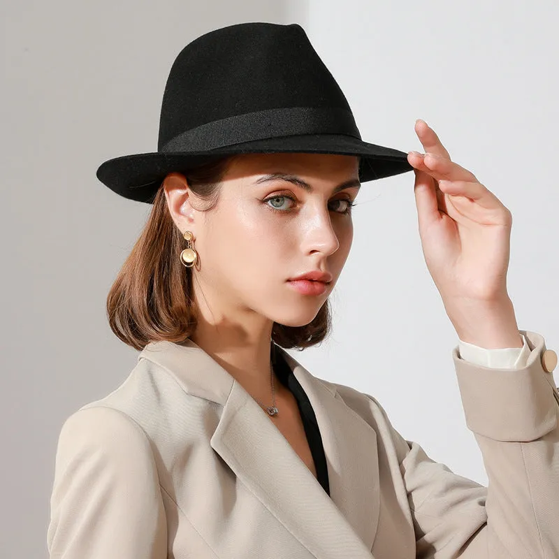 Top Hat Black Woolen Felt Cap Autumn and Winter Men's and Women's British Style Top Hat Fedora Hat