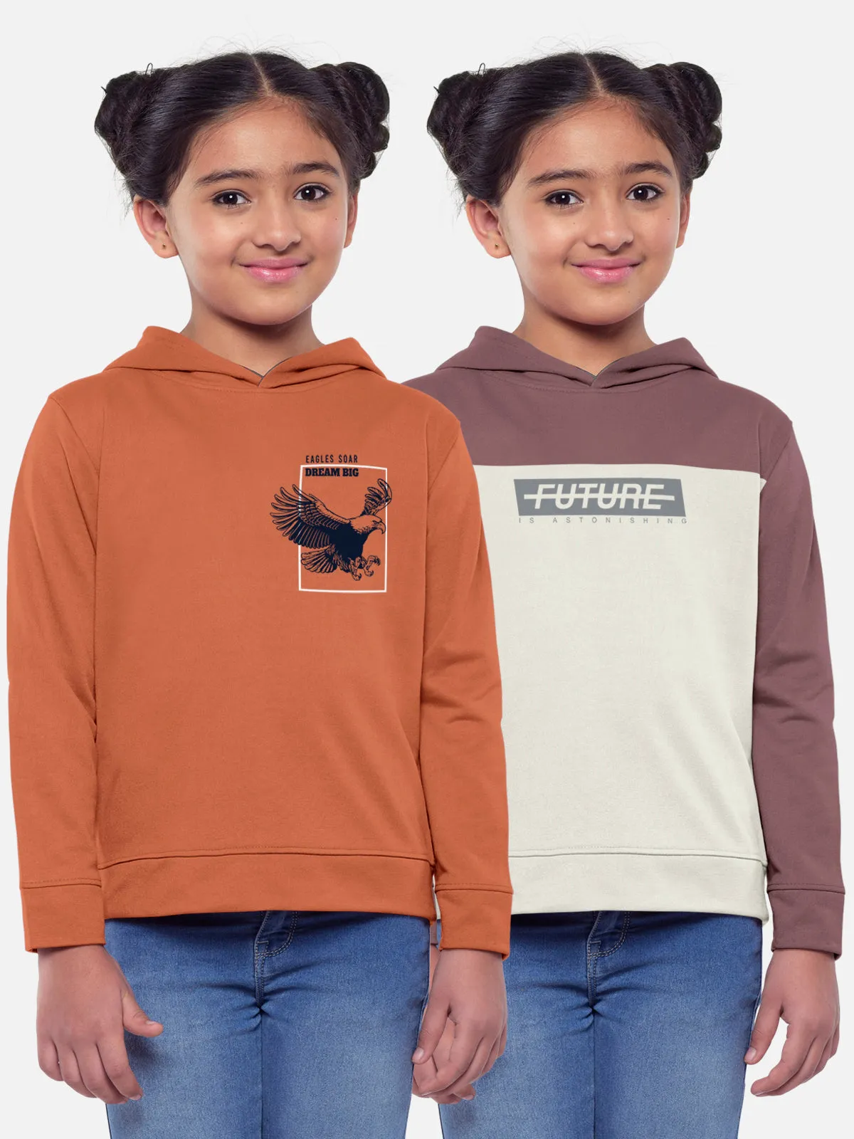 Trendy Printed Full Sleeve / Long Sleeve Hooded Tshirt for Girls - Pack of 2