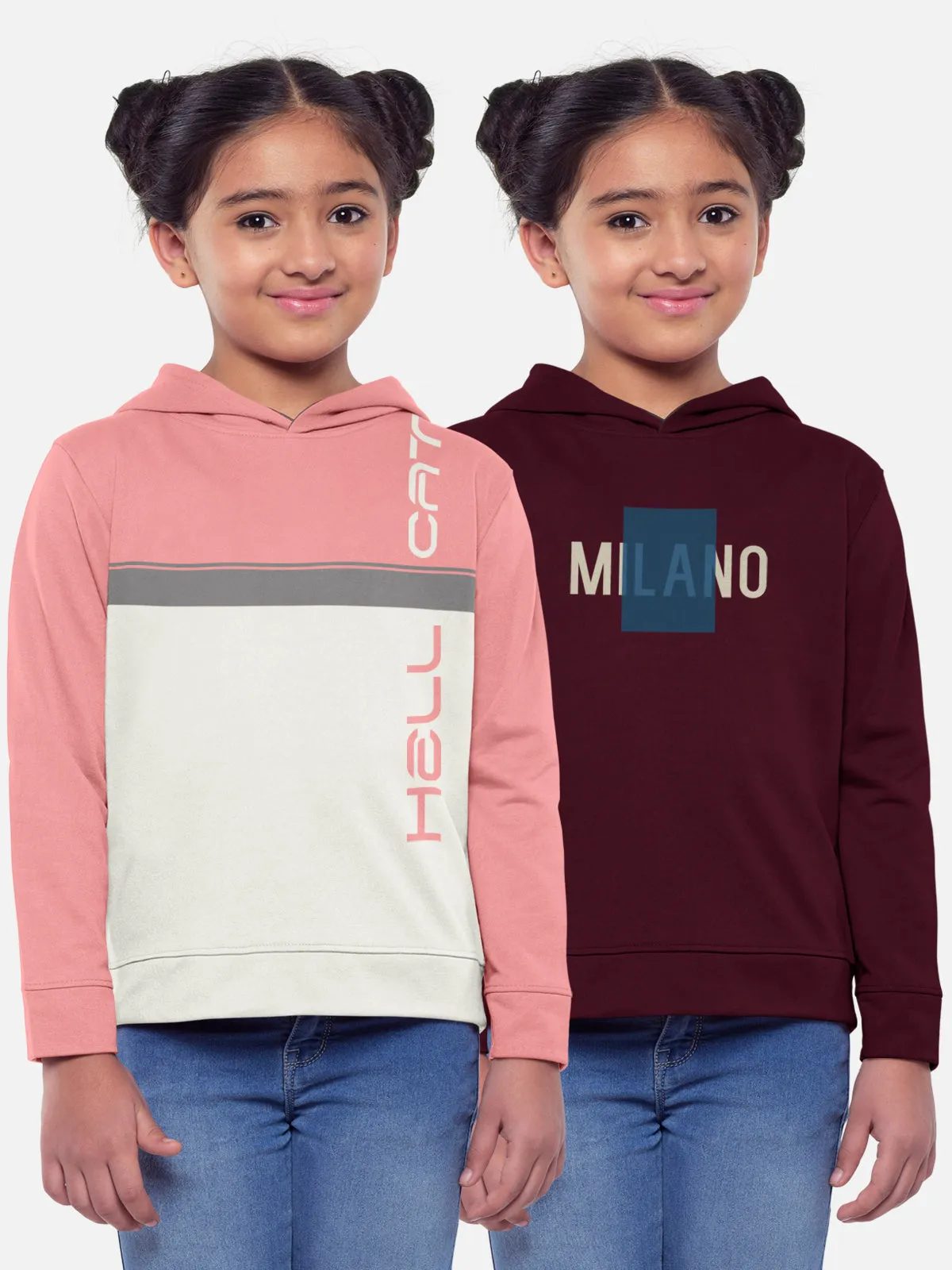 Trendy Printed Full Sleeve / Long Sleeve Hooded Tshirt for Girls - Pack of 2