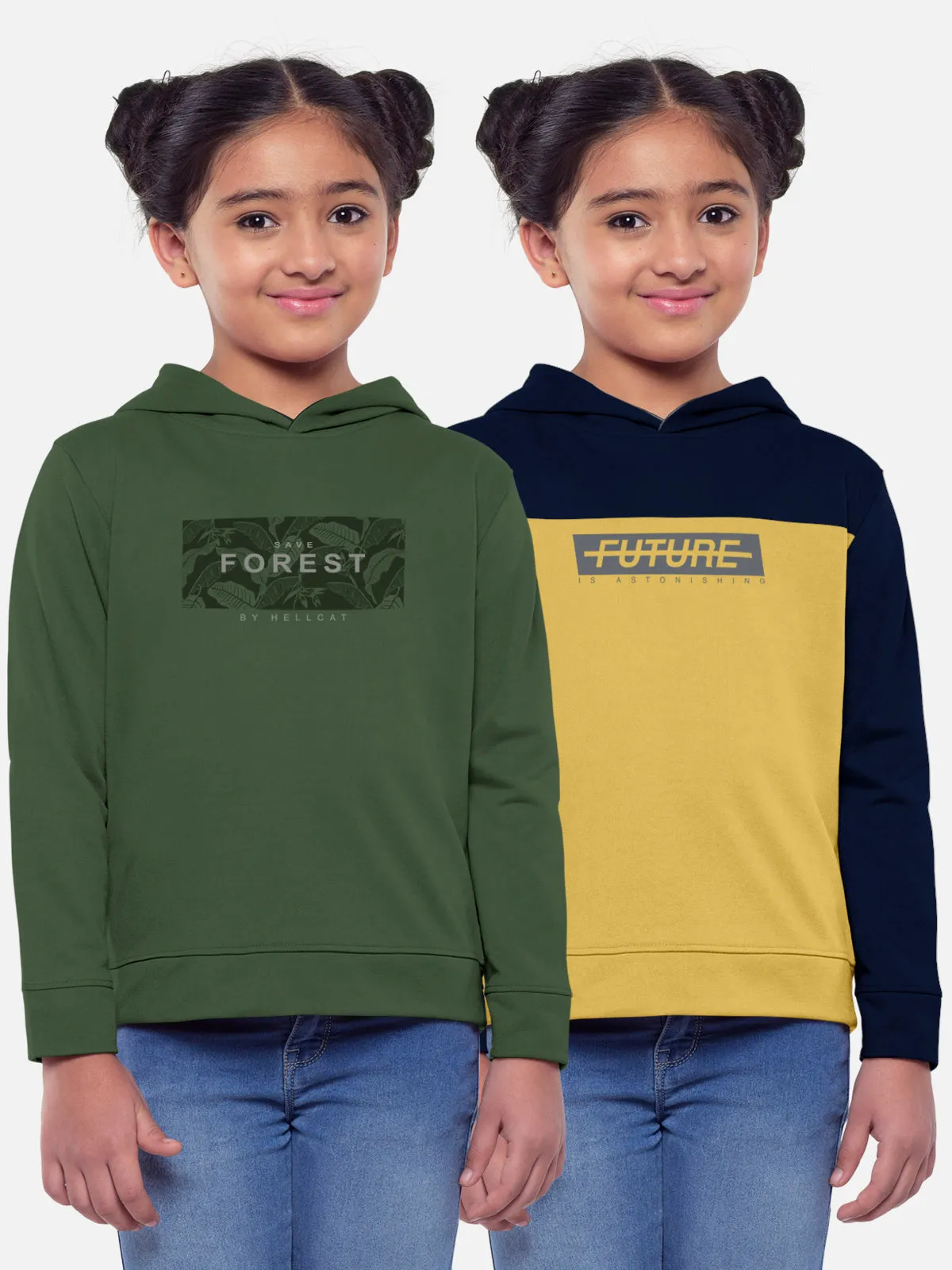 Trendy Printed Full Sleeve / Long Sleeve Hooded Tshirt for Girls - Pack of 2