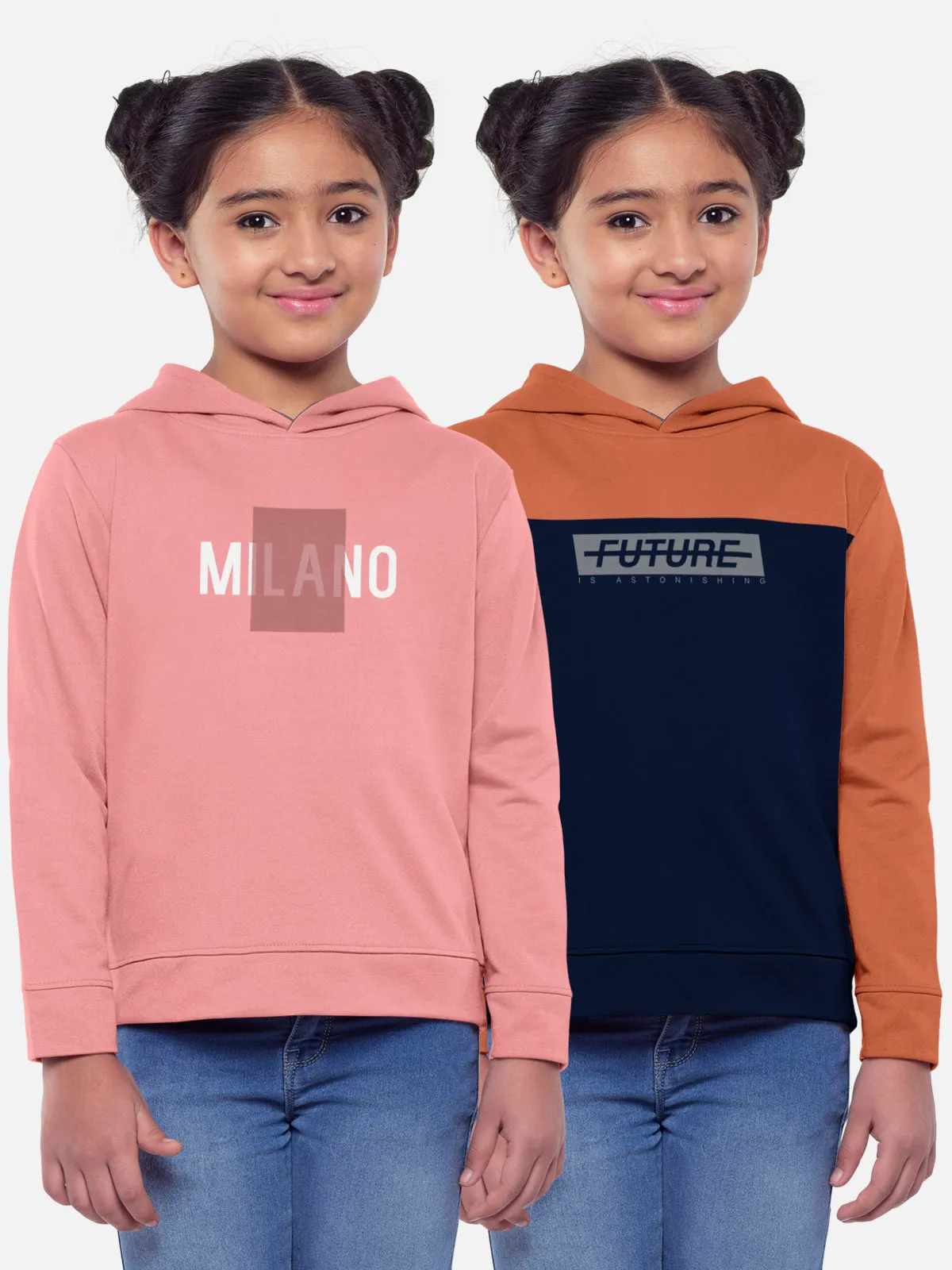 Trendy Printed Full Sleeve / Long Sleeve Hooded Tshirt for Girls - Pack of 2