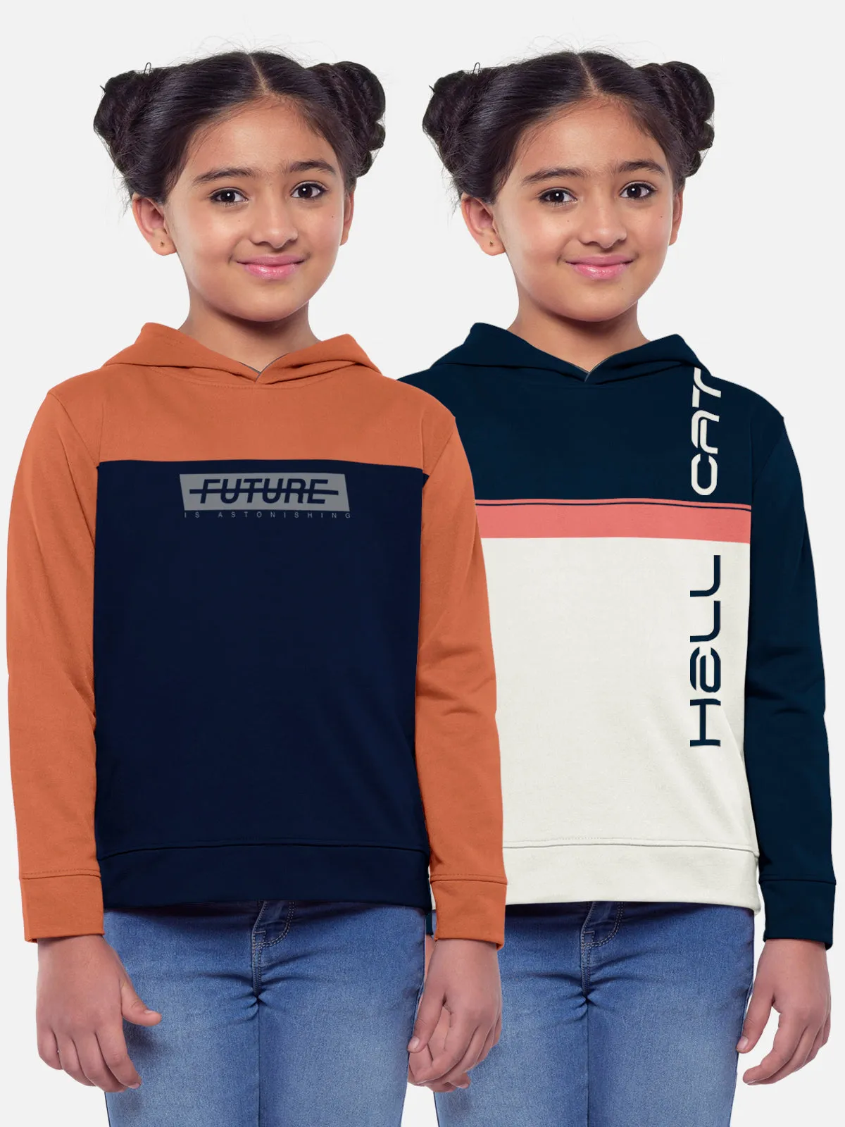 Trendy Printed Full Sleeve / Long Sleeve Hooded Tshirt for Girls - Pack of 2