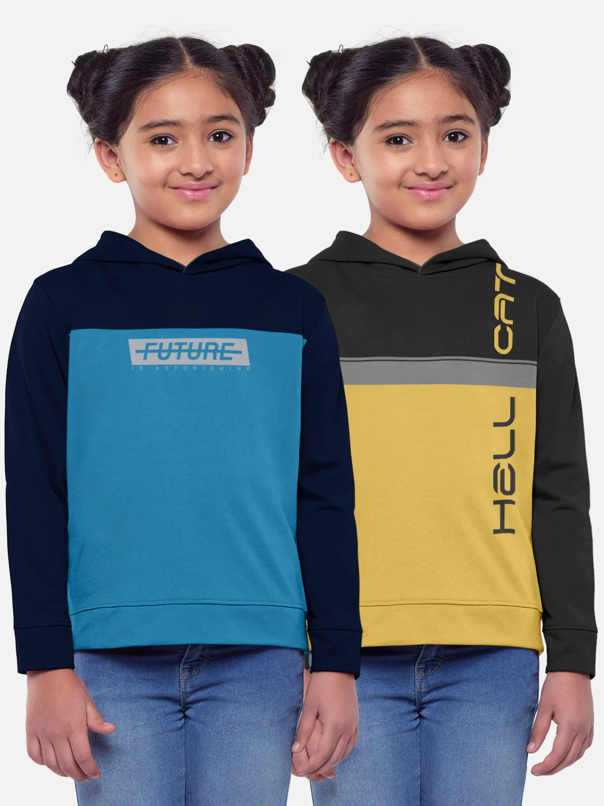 Trendy Printed Full Sleeve / Long Sleeve Hooded Tshirt for Girls - Pack of 2