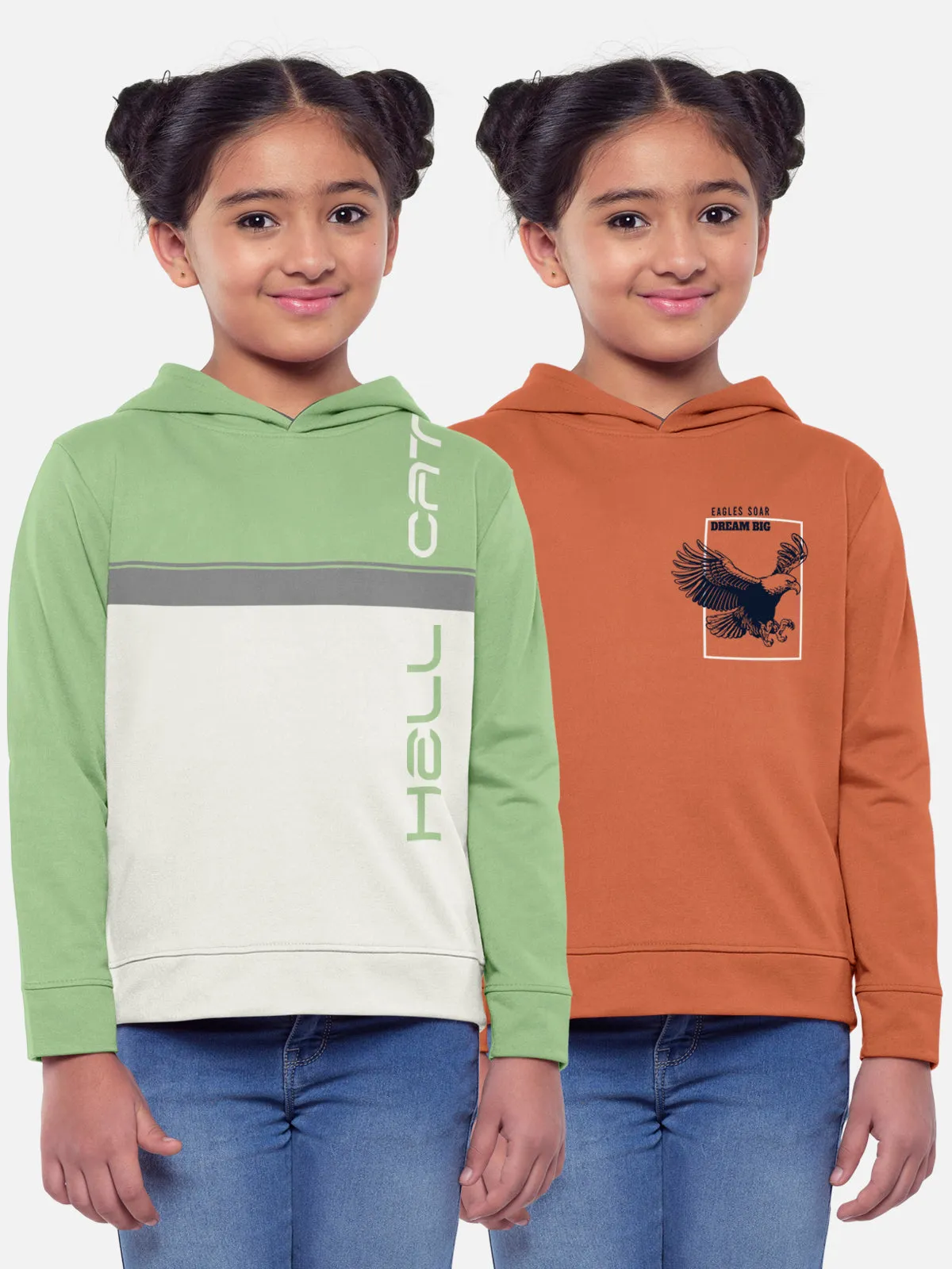 Trendy Printed Full Sleeve / Long Sleeve Hooded Tshirt for Girls - Pack of 2