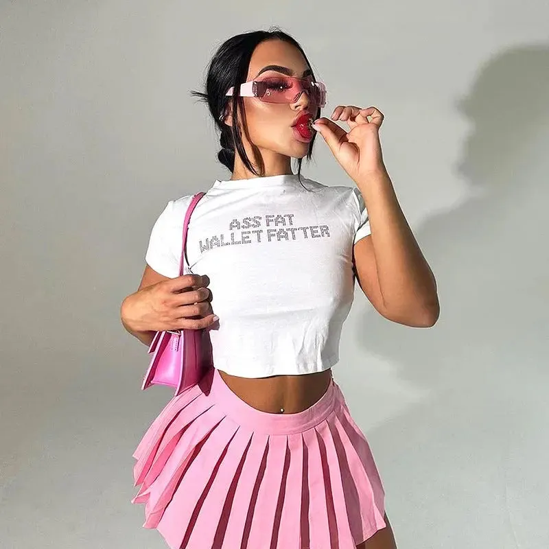 Trendy Round Neck Midriff-baring Letter Top for Women – Short Sleeve Style