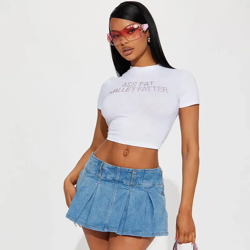 Trendy Round Neck Midriff-baring Letter Top for Women – Short Sleeve Style
