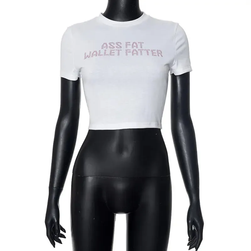 Trendy Round Neck Midriff-baring Letter Top for Women – Short Sleeve Style