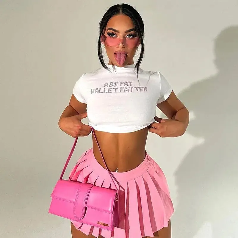 Trendy Round Neck Midriff-baring Letter Top for Women – Short Sleeve Style