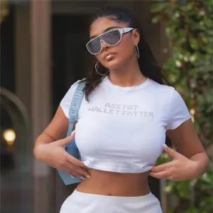 Trendy Round Neck Midriff-baring Letter Top for Women – Short Sleeve Style