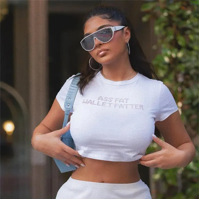 Trendy Round Neck Midriff-baring Letter Top for Women – Short Sleeve Style