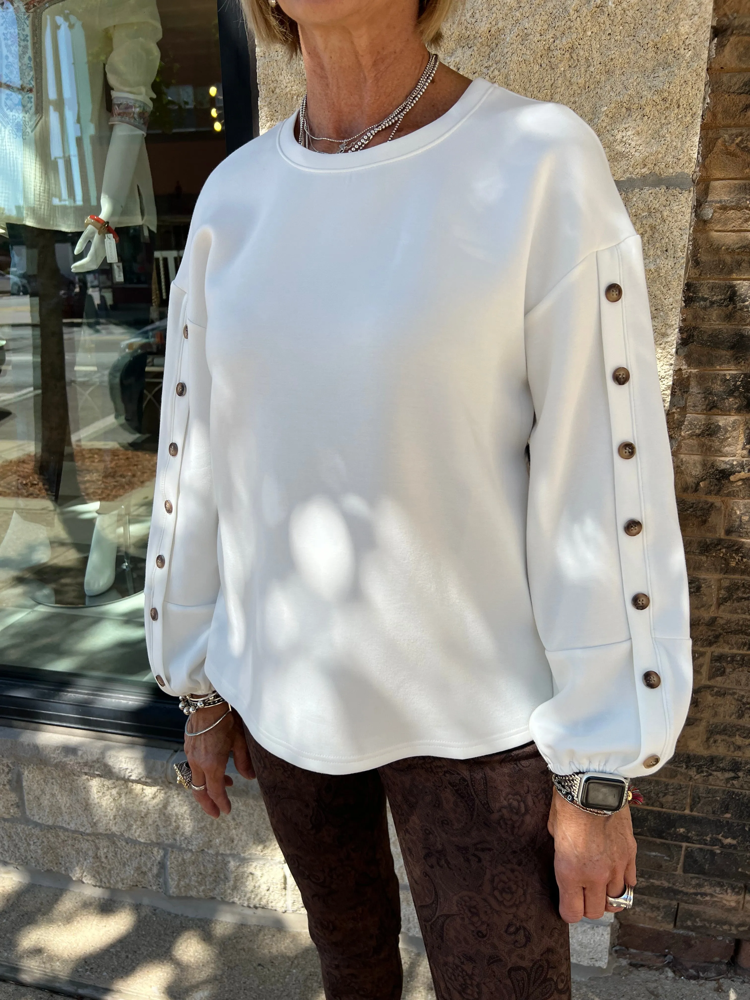 Tribal Long Sleeve Top With Button Detail - Cream