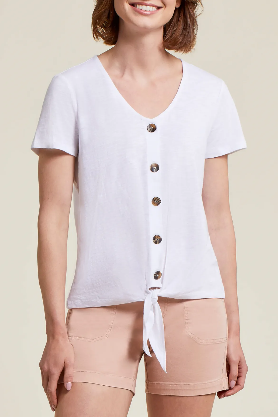 Tribal Short Sleeve V Neck Button&Tie Top