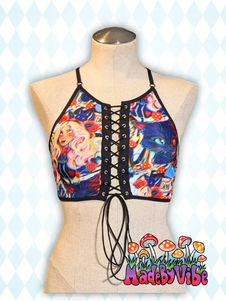 Trippy Wonderland Lace Up Front Backless Crop Top - Ready to Ship