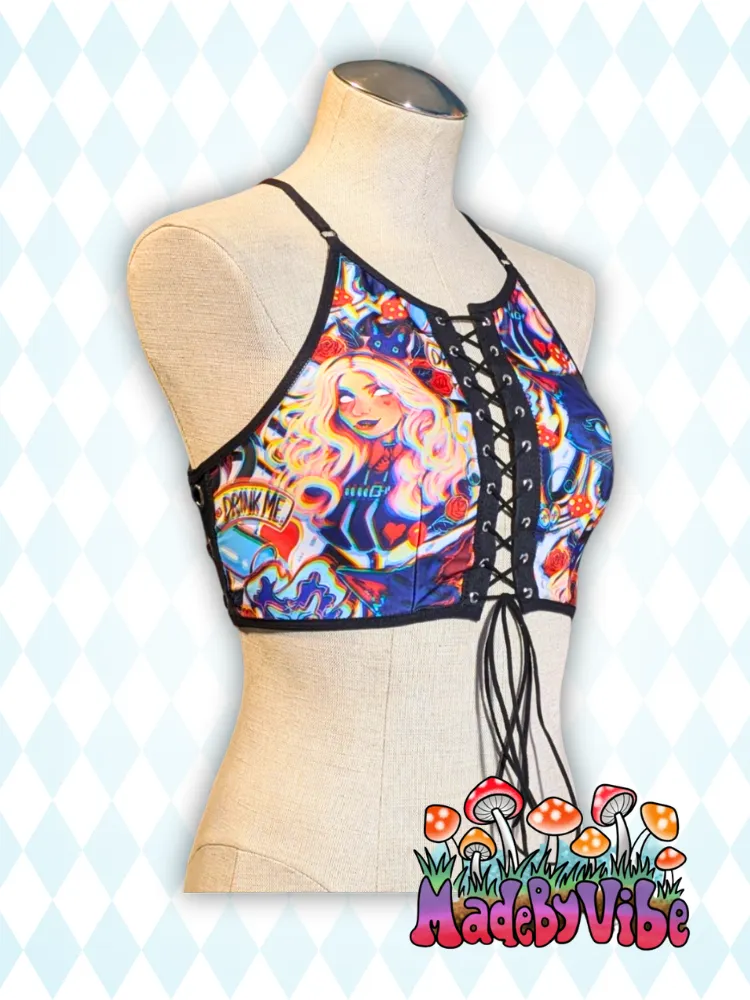 Trippy Wonderland Lace Up Front Backless Crop Top - Ready to Ship