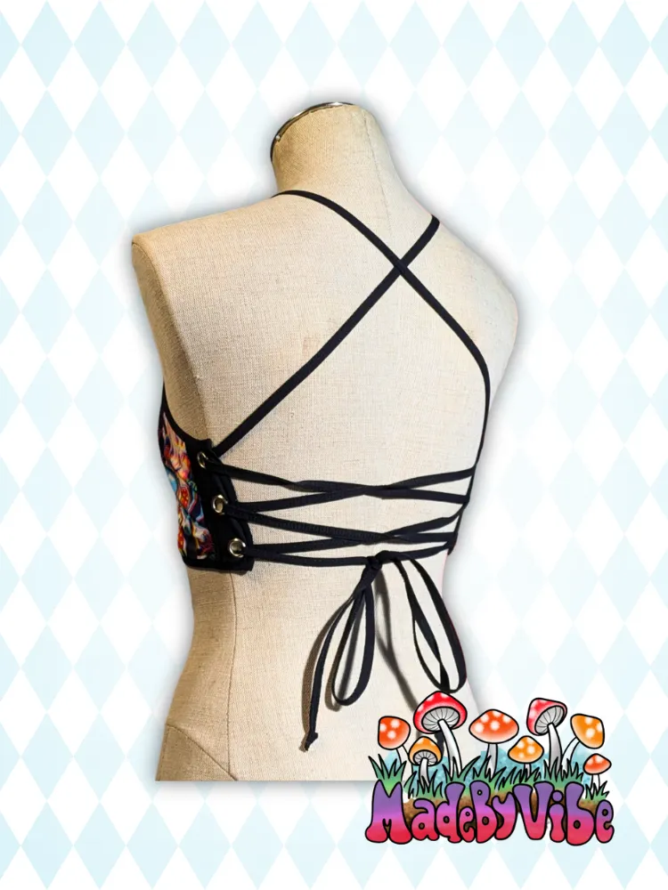 Trippy Wonderland Lace Up Front Backless Crop Top - Ready to Ship