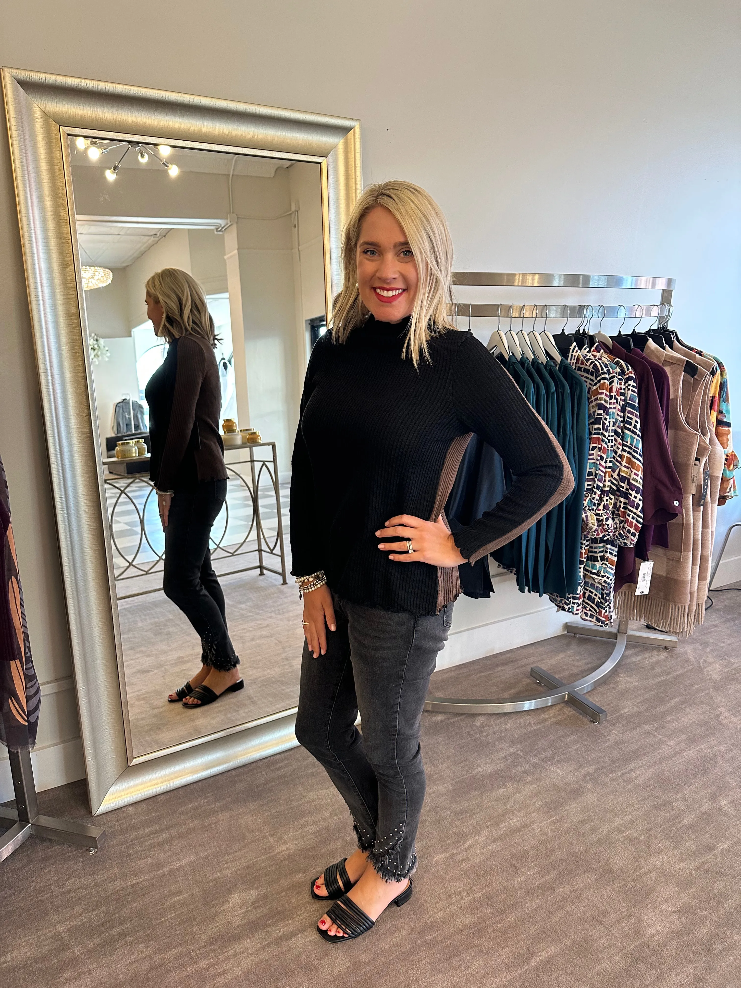 Trisha Tyler Lettuce Edge Buckle Detail Mock Neck