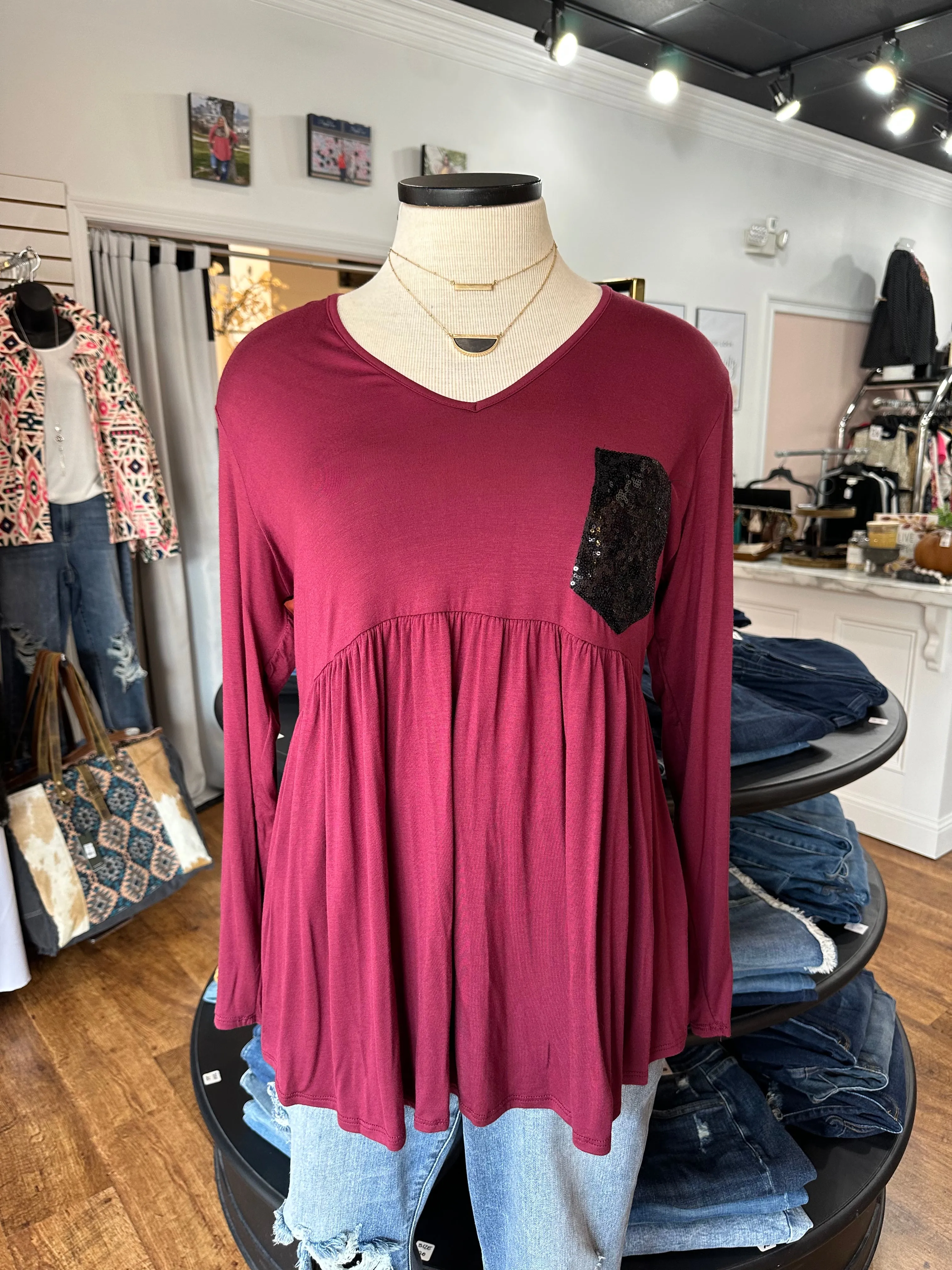 Under The Lights Sequin Pocket Top ~ Burgundy