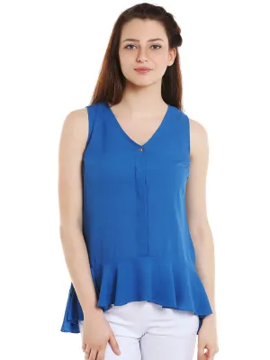 V Neck Blue Solid Top