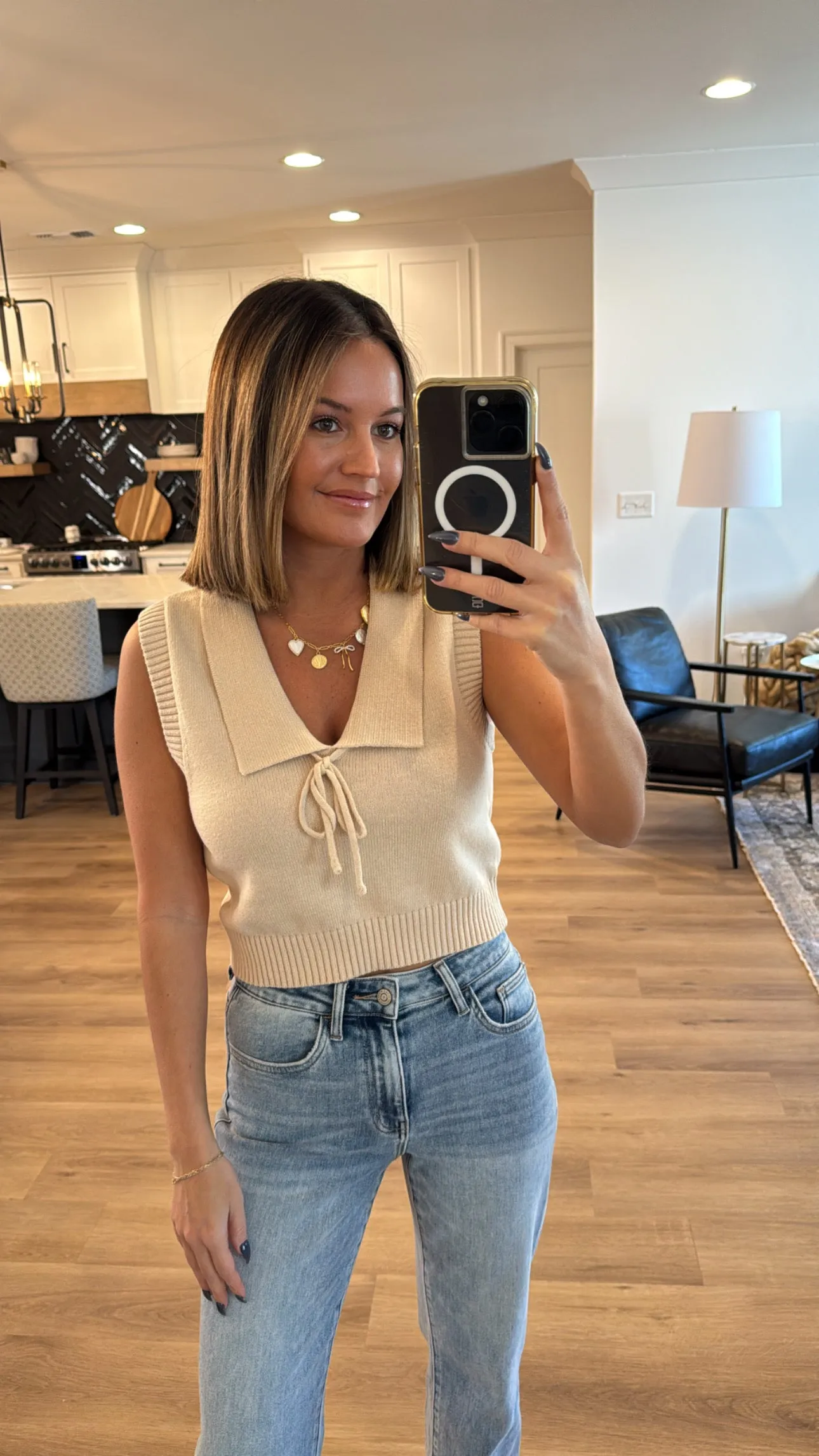 V-neck Collared Sweater Vest Top, Cream